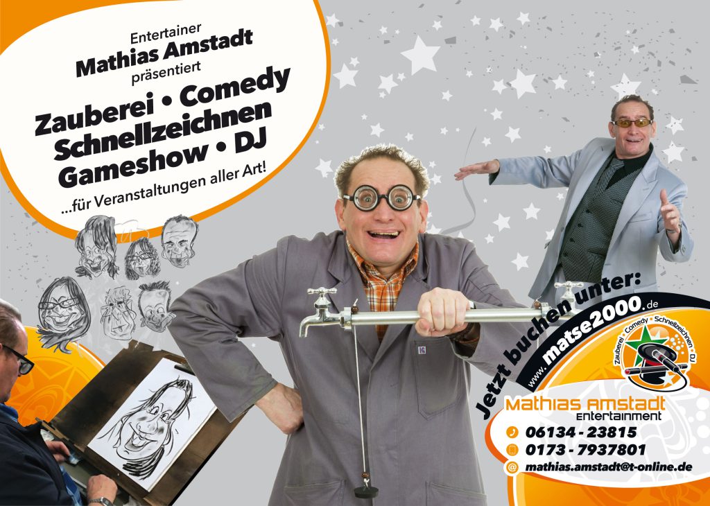 Flyer von Mathias Amstadt Entertainment mit Zauberei Comedy Schnellzeichnen Gameshow und DJ